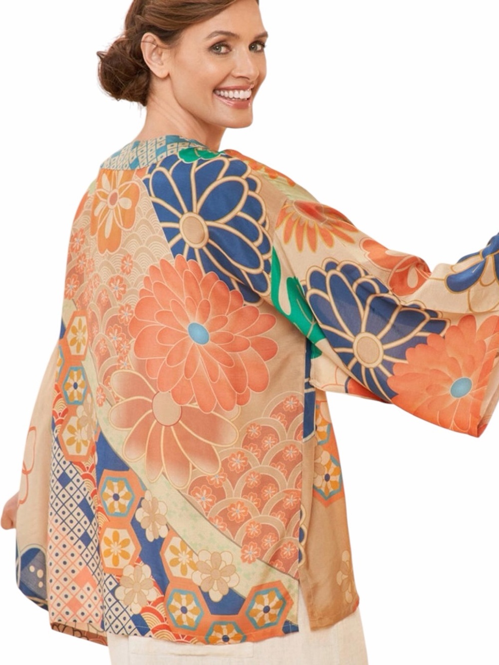 Powder Kaleidoscope‎ One Size Kimono Jacket Coverup Blouse Retro Floral B9